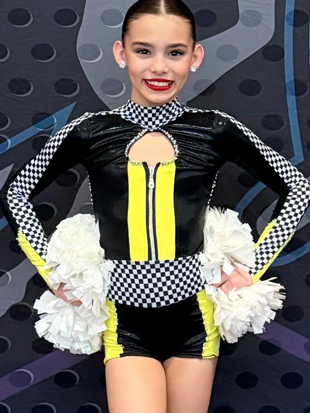 Black and Yellow Custom Dance Costume with Checker Accent for Racecar Driver!